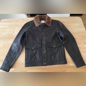 Billy Reid Mens dark brown leather bomber shearling jacket Mens size Small